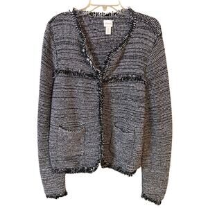 Chico's Shawna Cardigan Black and White Tweed with Fringe Detail Size 12 (2)